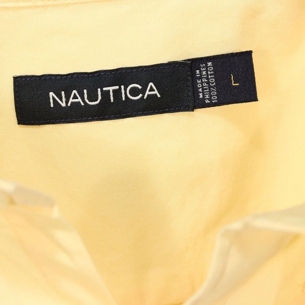 Nautica Mens Button Front Shirt L Large Pastel Yellow 100% Cotton Short Sleeve - Picture 10 of 10